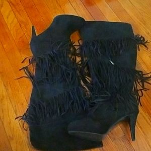 Black High Heel Fringed Boots